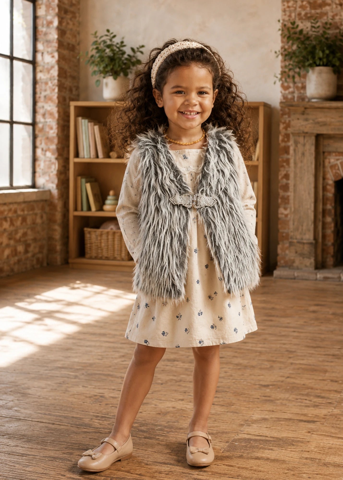 Girl modeling the grey shaggy faux fur vest sewing pattern with rhinestone buckle closure