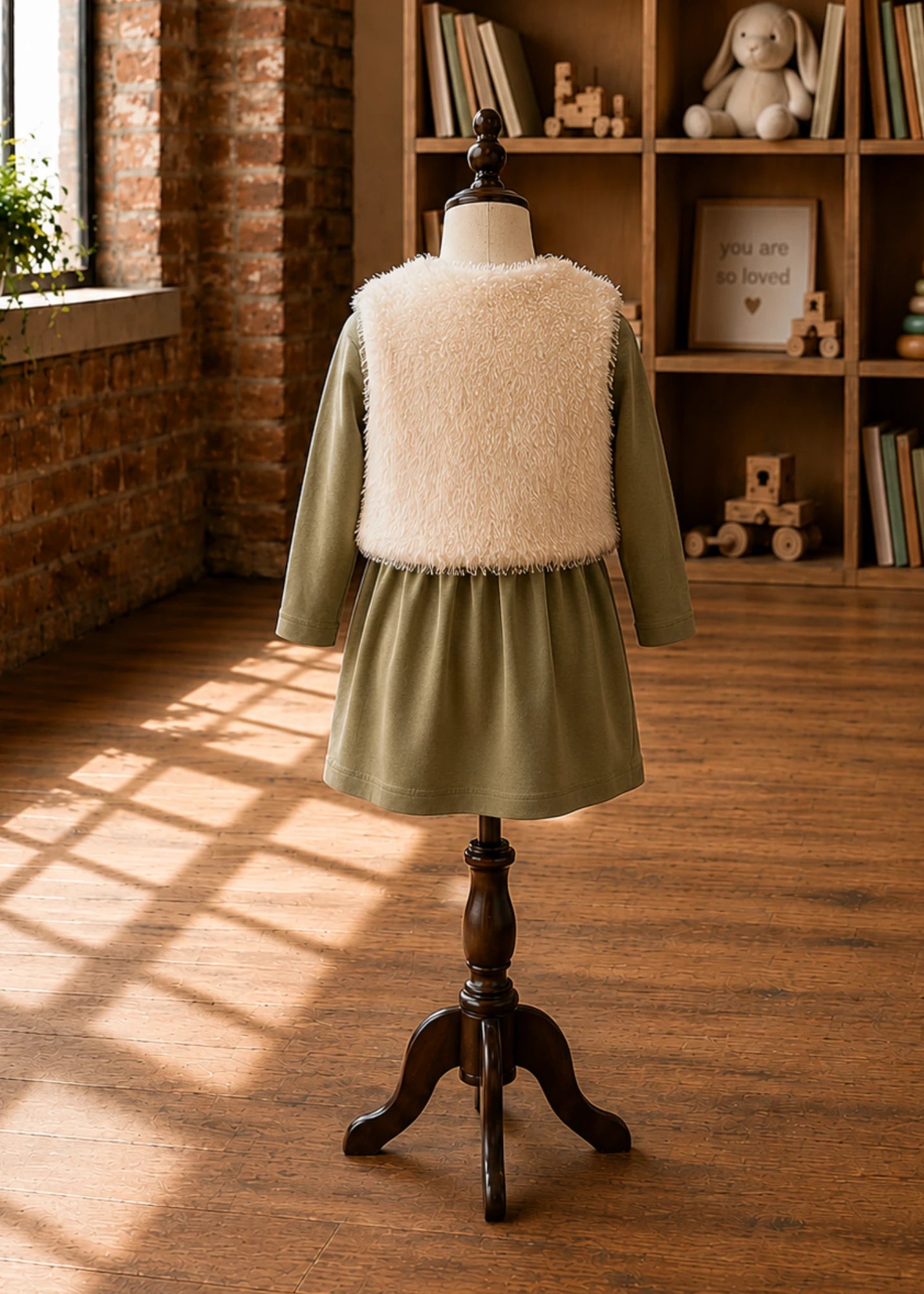 Back view of the reversible teddy fur kids' vest sewing pattern, showing a clean furry finish for beginner sewists