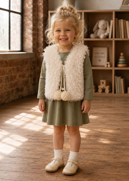 Toddler girl wearing the cream teddy fur reversible vest sewing pattern with pom-pom ties over a sage dress