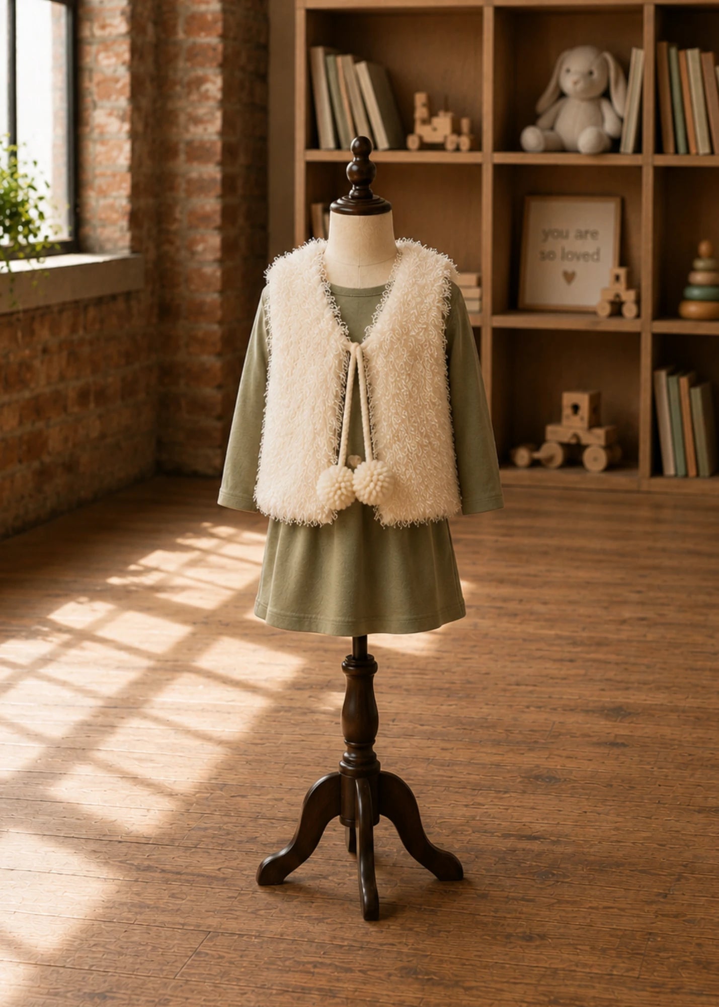 Reversible teddy fur baby vest PDF sewing pattern with pom-pom ties, styled over a sage green dress for toddlers and kids