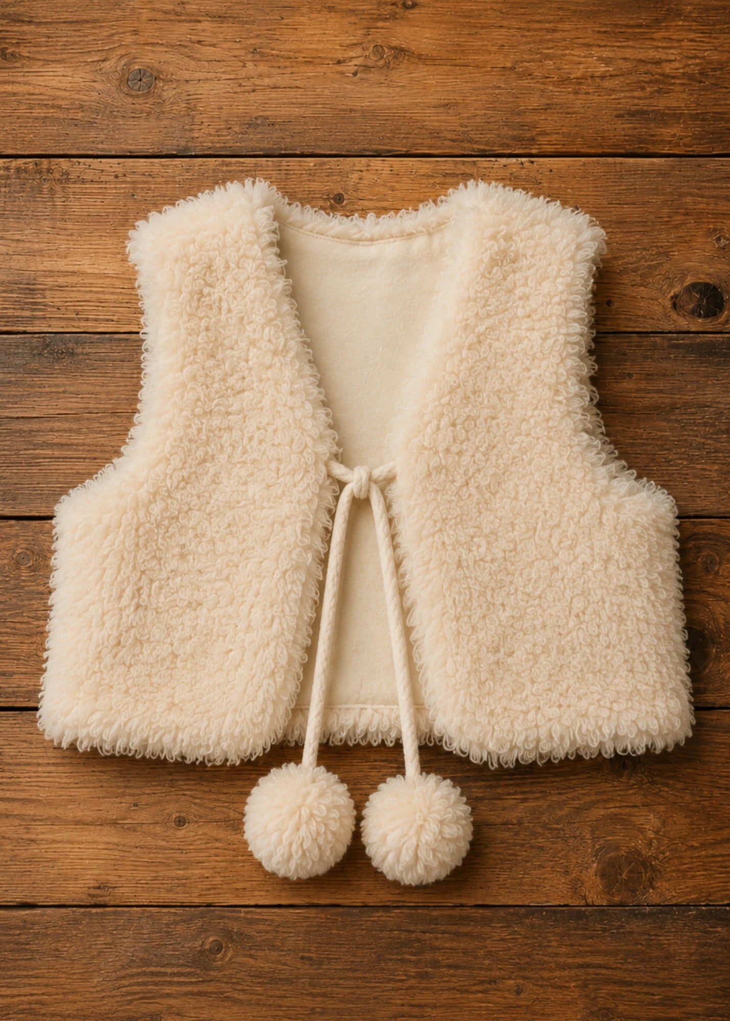 Flat lay of the reversible faux fur teddy vest sewing pattern with cream pom-pom drawstring ties on rustic wood