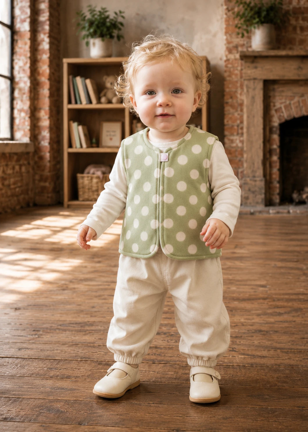 Toddler boy wearing the sage green polka dot reversible baby vest sewing pattern in soft fleece