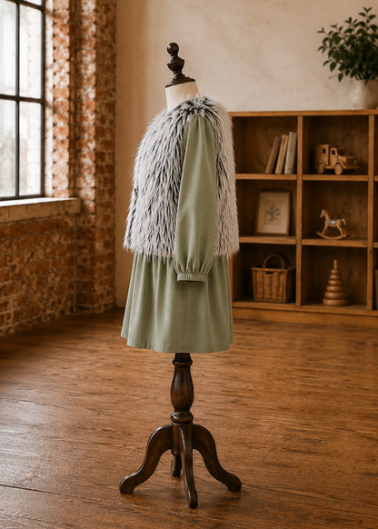 Grey shaggy faux fur vest sewing pattern, side view, worn over a long sleeve sage dress for girls