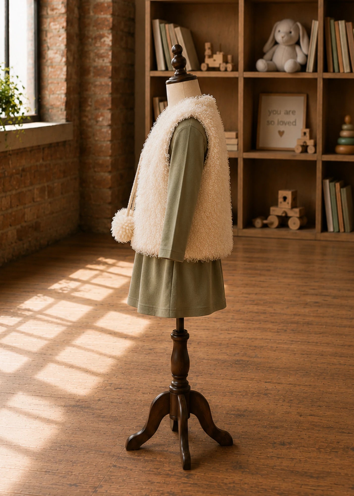 Side view of the cream teddy fur baby vest sewing pattern with pom-pom ties showing fit and drape