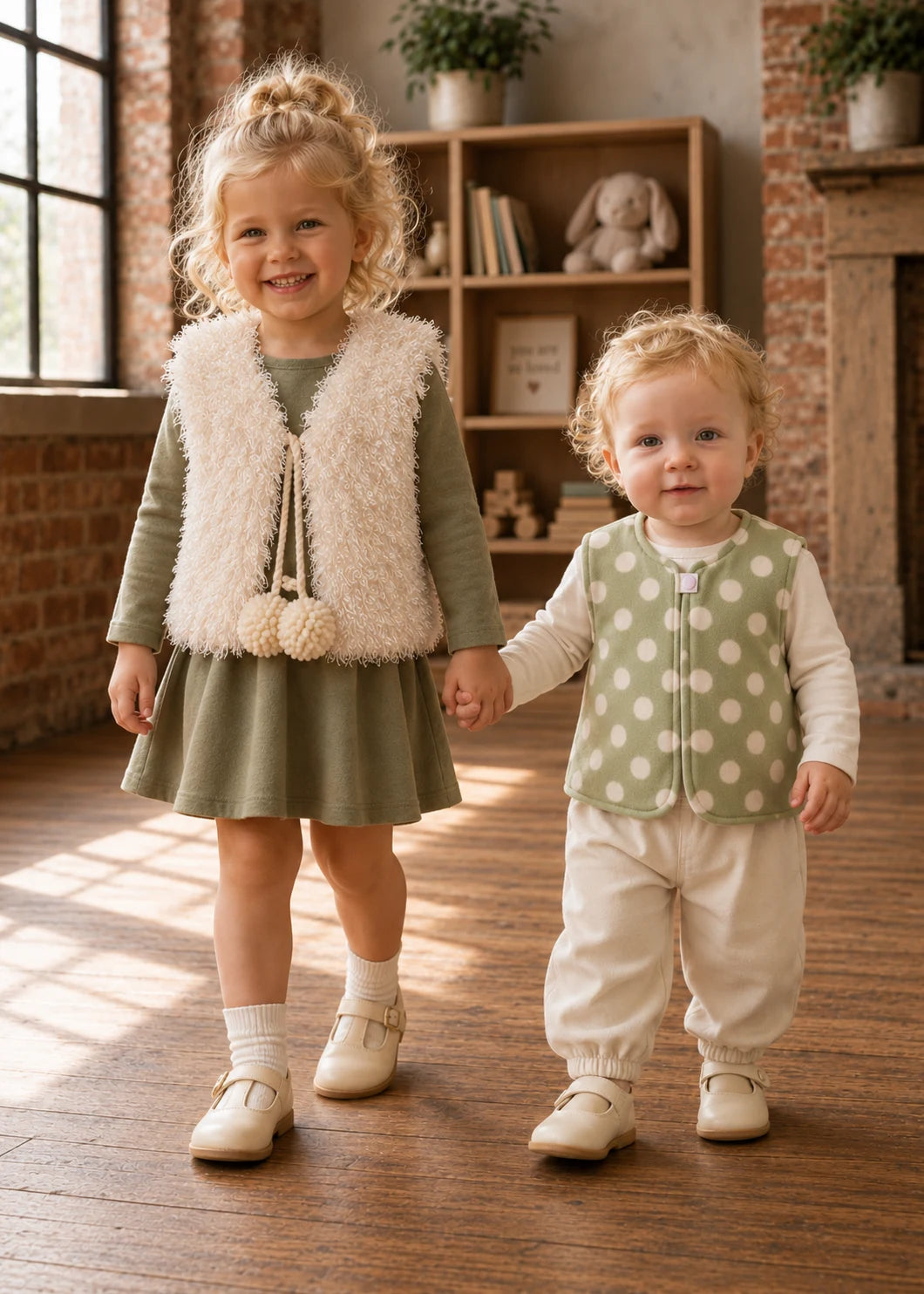 Baby Vest sewing pattern – girl in cream teddy vest and toddler in green polka dot vest