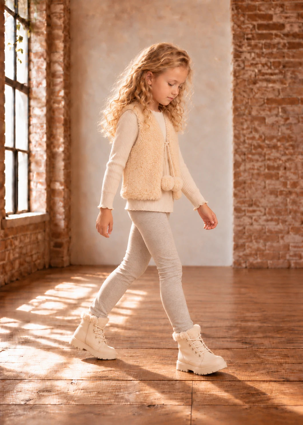 Baby Vest sewing pattern – girl walking in a longer cream teddy fleece vest, side view
