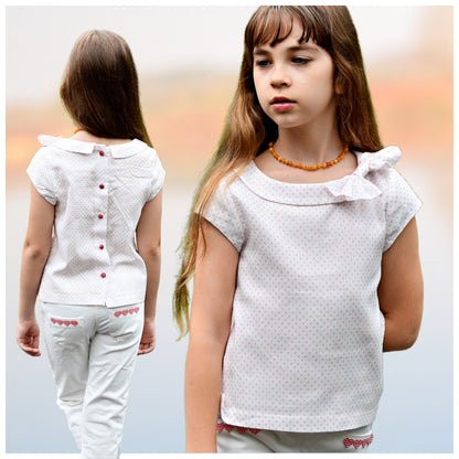 Beatrice blouse, pdf sewing pattern with assymmetrial collar and feature bow. Vute inset sleeves. Comes with YouTube sewing tutorial.