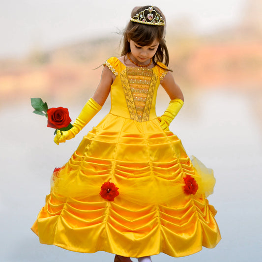 Belle costume, pdf sewing pattern by Frocks & Frolics. With classicrushed up skirt layers and panels. Gathered sleeve with embroidery and center front bodice. In gold duchess satin.