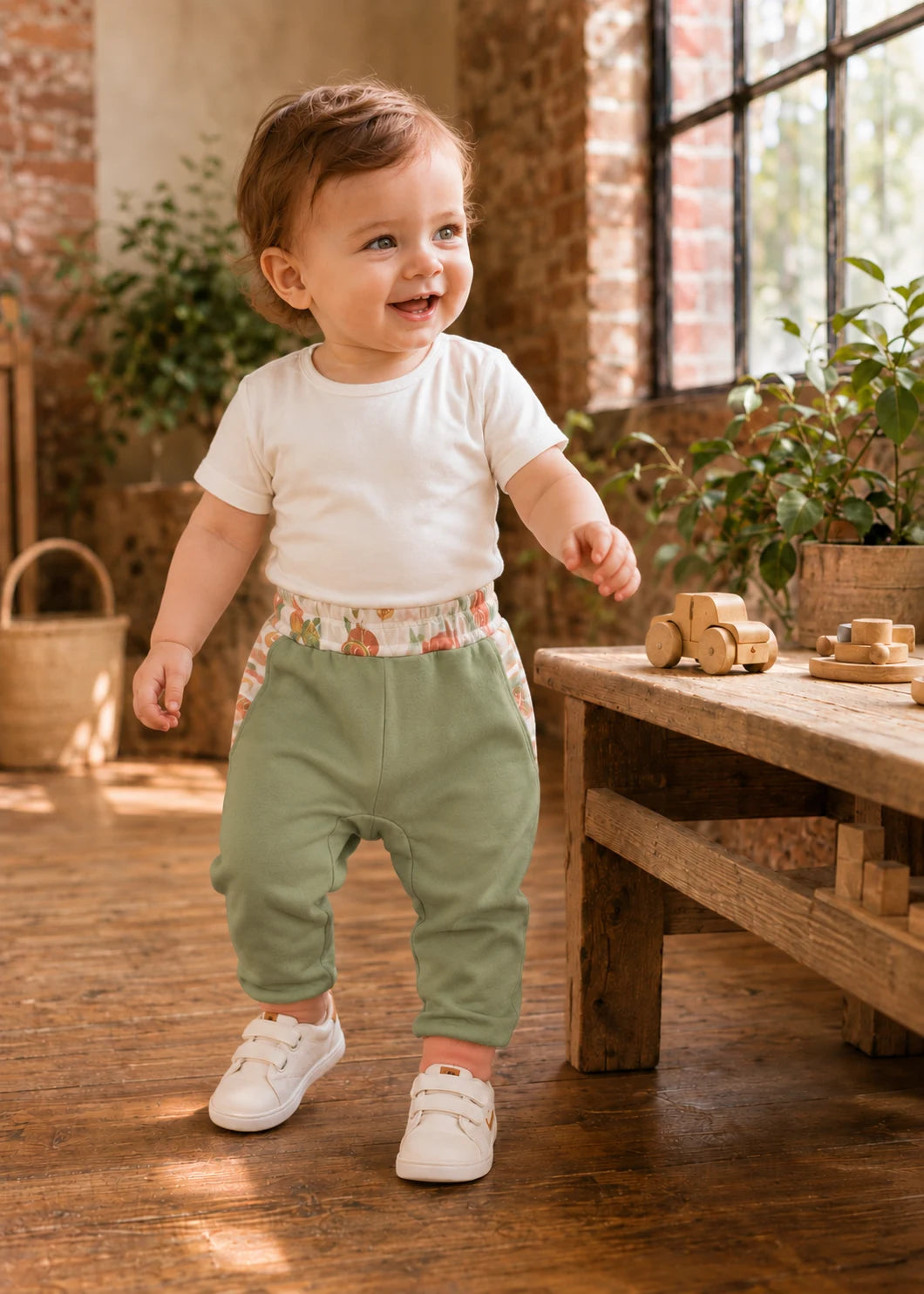 Bubble Gum Joggers sewing pattern – smiling baby walking in sage joggers and white tee, front view