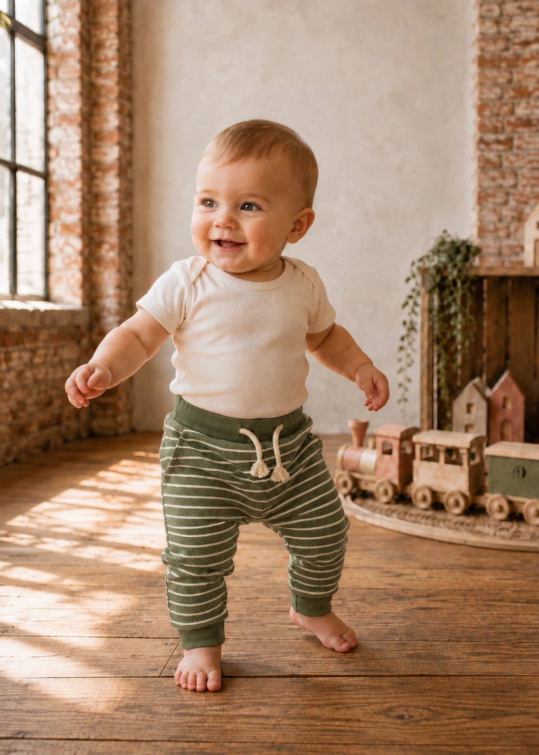 Bubble Gum Joggers sewing pattern – baby in green striped drawstring joggers and white tee