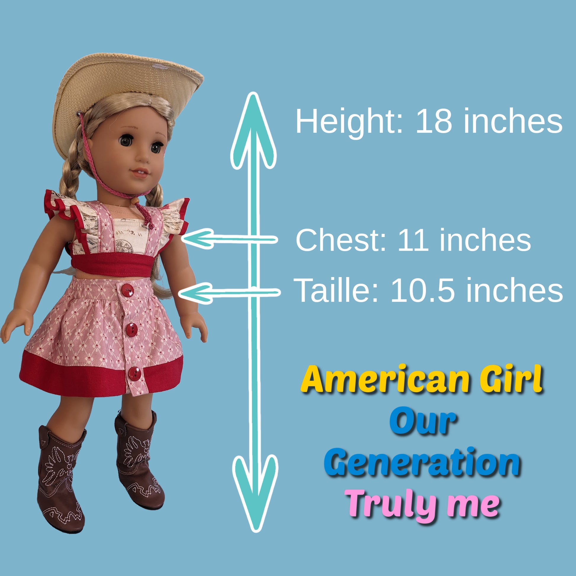 Western blouse sewing pattern for American Girl dolls  by frocks and folics, fitting 18 inch dolls. This is the size chart.