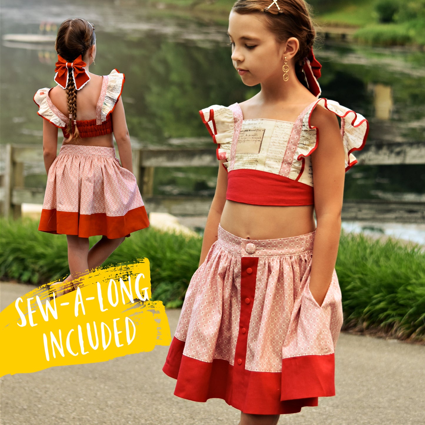 Betsy skirt, pdf sewing pattern by Frocks & Frolics. Skirt features a waistband with elastic in the back, a button down front and a deep hem trim. All version have step by step video tutorials completely free with the pattern.