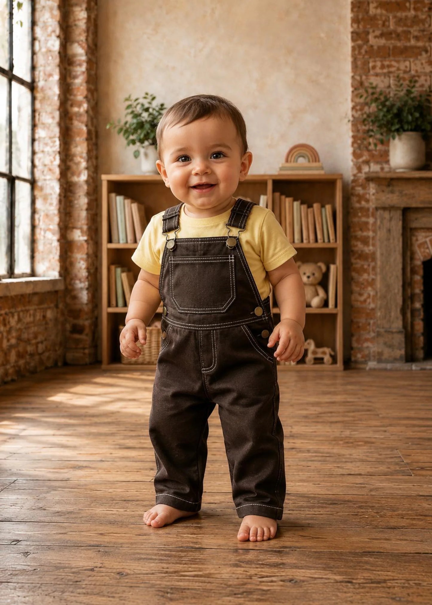 Smiling toddler standing barefoot on a wooden floor, wearing dark brown denim overalls paired with a pastel yellow t-shirt.