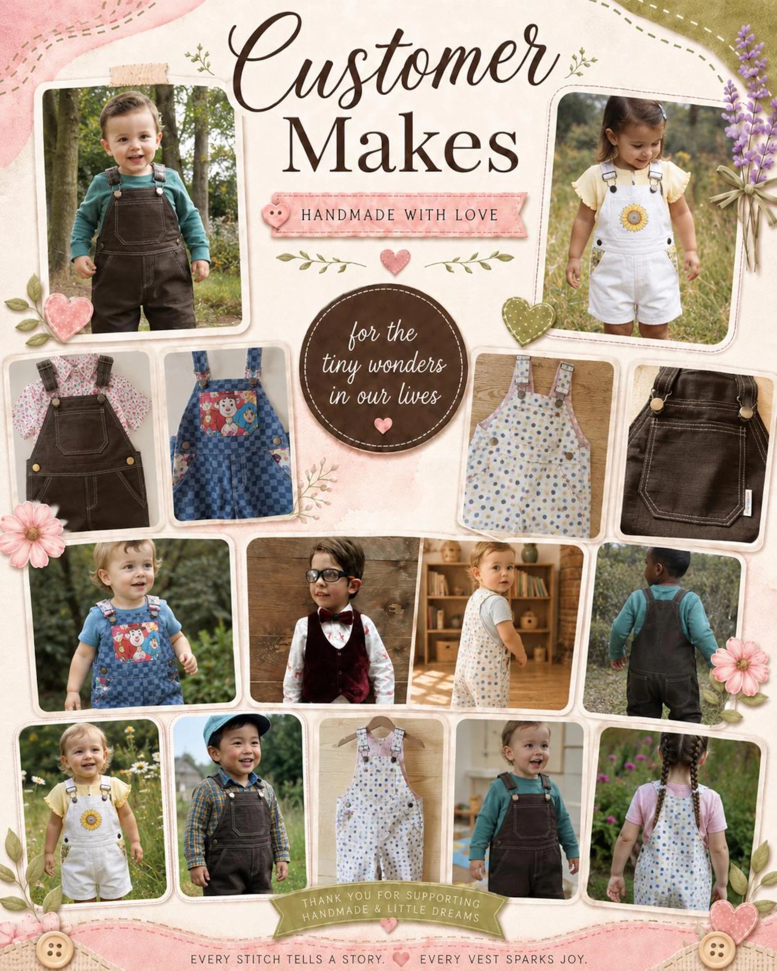 Photo collage titled "Customer Makes - Handmade with Love" showcasing handmade children's clothing, including overalls, rompers, and outfits modeled by toddlers and displayed as flat lays.