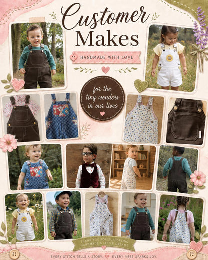 Photo collage titled "Customer Makes - Handmade with Love" showcasing handmade children's clothing, including overalls, rompers, and outfits modeled by toddlers and displayed as flat lays.