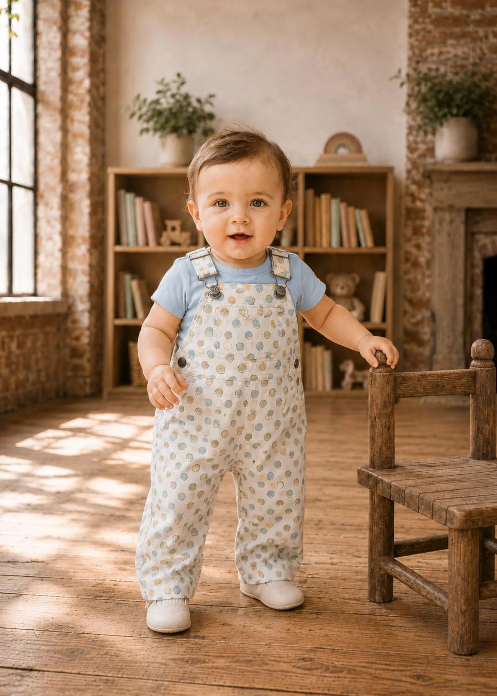 A toddler standing in a sunlit room with exposed brick walls and wooden floors, wearing light blue short-sleeve top and cream overall with small blue polca dot print. The child is posed next to a small wooden chair, with bookshelves and plants in the background.