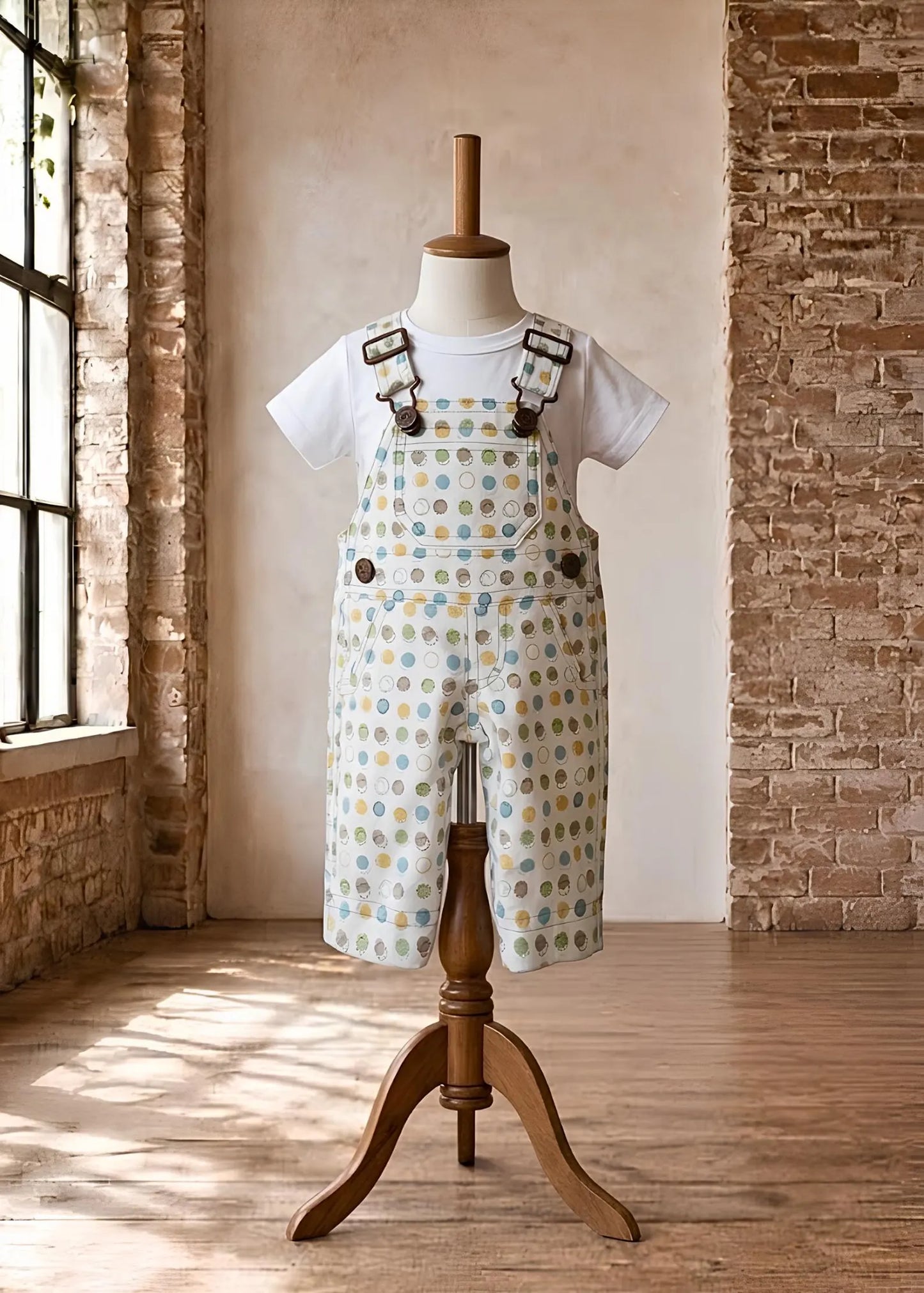 Close-up view of handmade overalls featuring a colorful polka dot fabric, a pink gingham inner lining, and brass hardware including an overall clasp and engraved side button.