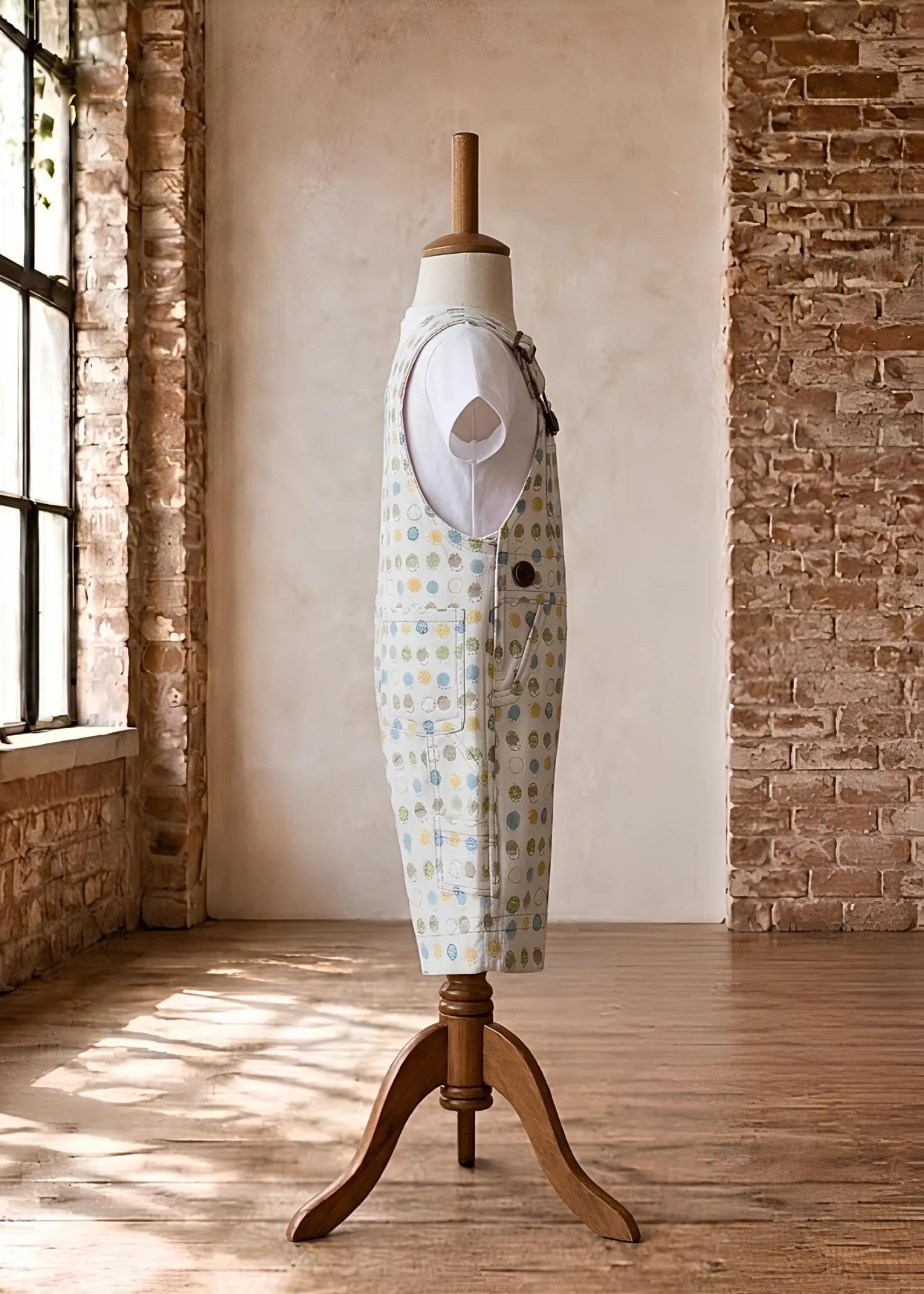 A sleeveless white vest with a light blue and yellow floral pattern, displayed on a wooden dress form mannequin in a rustic room with brick walls and a window.