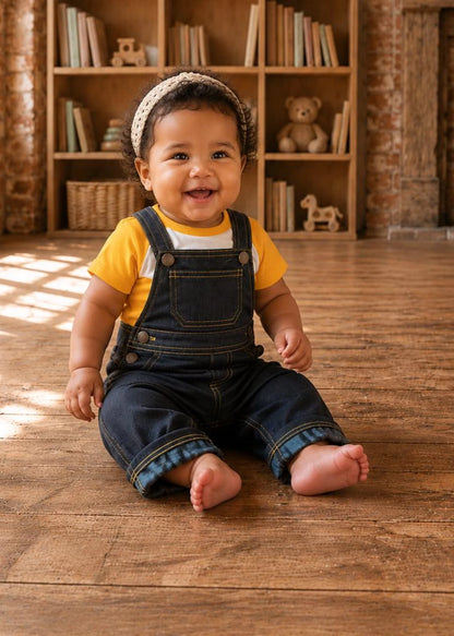 A smiling toddler sitting on a wooden floor in a rustic room, wearing dark blue denim overalls over a yellow and white t-shirt, with a cream knit headband.