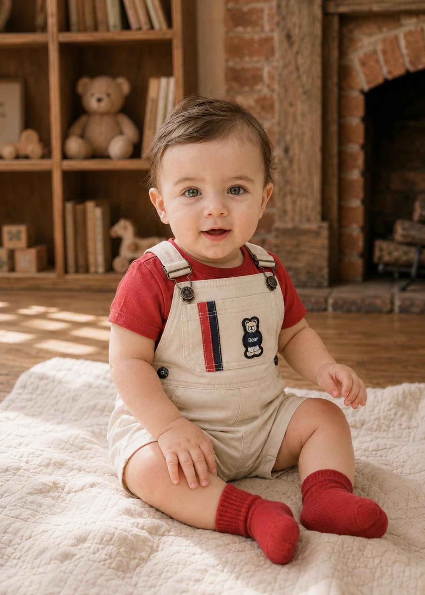 A toddler sitting on a cream blanket in a cozy room, wearing beige overalls over a red t-shirt and red socks. The overalls feature a small embroidered bear on the chest with a red and navy stripe detail.