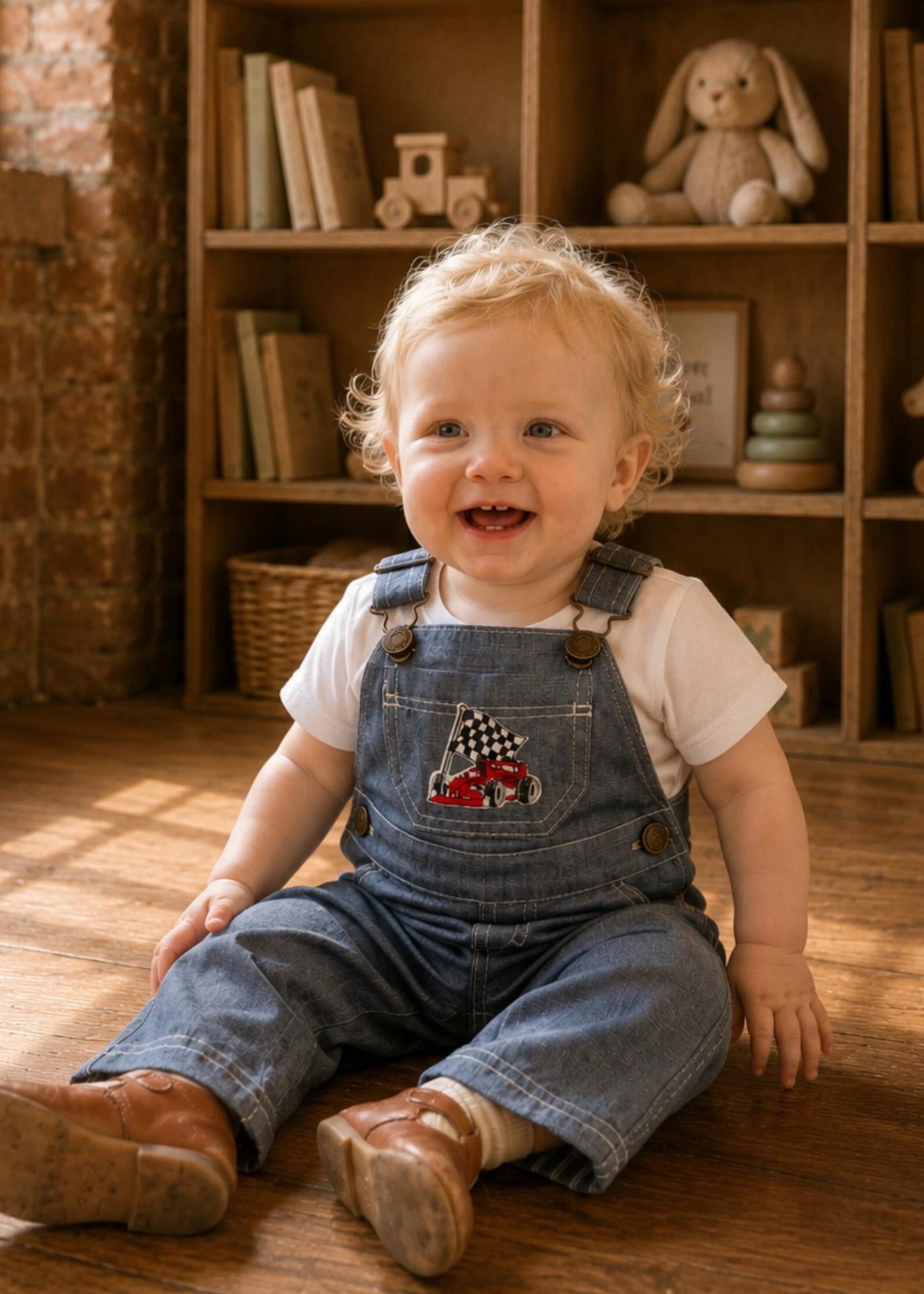 A smiling toddler with curly blonde hair sits on a wooden floor in a cozy room, wearing blue denim overalls over a white t-shirt. The overalls feature a decorative patch on the chest pocket with a red and black checkered truck design.