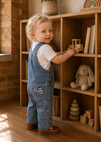 A toddler with curly blonde hair stands in a nursery or playroom next to a wooden bookshelf, wearing blue denim overalls over a white t-shirt. The overalls feature a small black and white checkered pattern on the back pocket.
