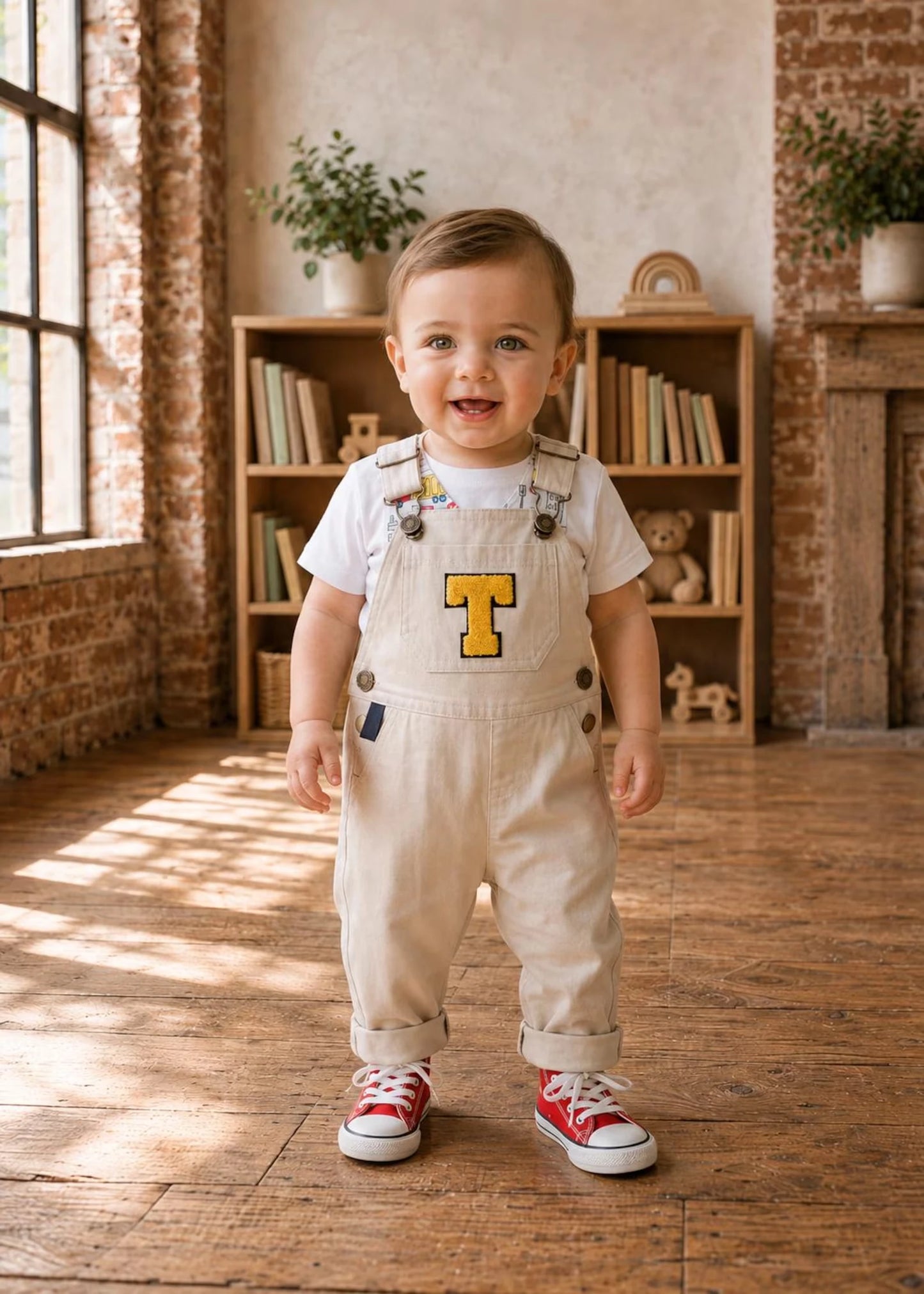 A toddler standing in a sunlit room with exposed brick walls and wooden floors, wearing cream-colored denim-style overalls over a white t-shirt and red sneakers. The overalls have a large yellow block letter 'T' on the chest.