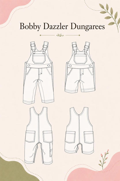 A flat graphic showing four line-drawn views of baby dungarees/shortalls under the title 'Bobby Dazzler Dungarees' on a pale pink background with decorative abstract shapes and botanical accents.