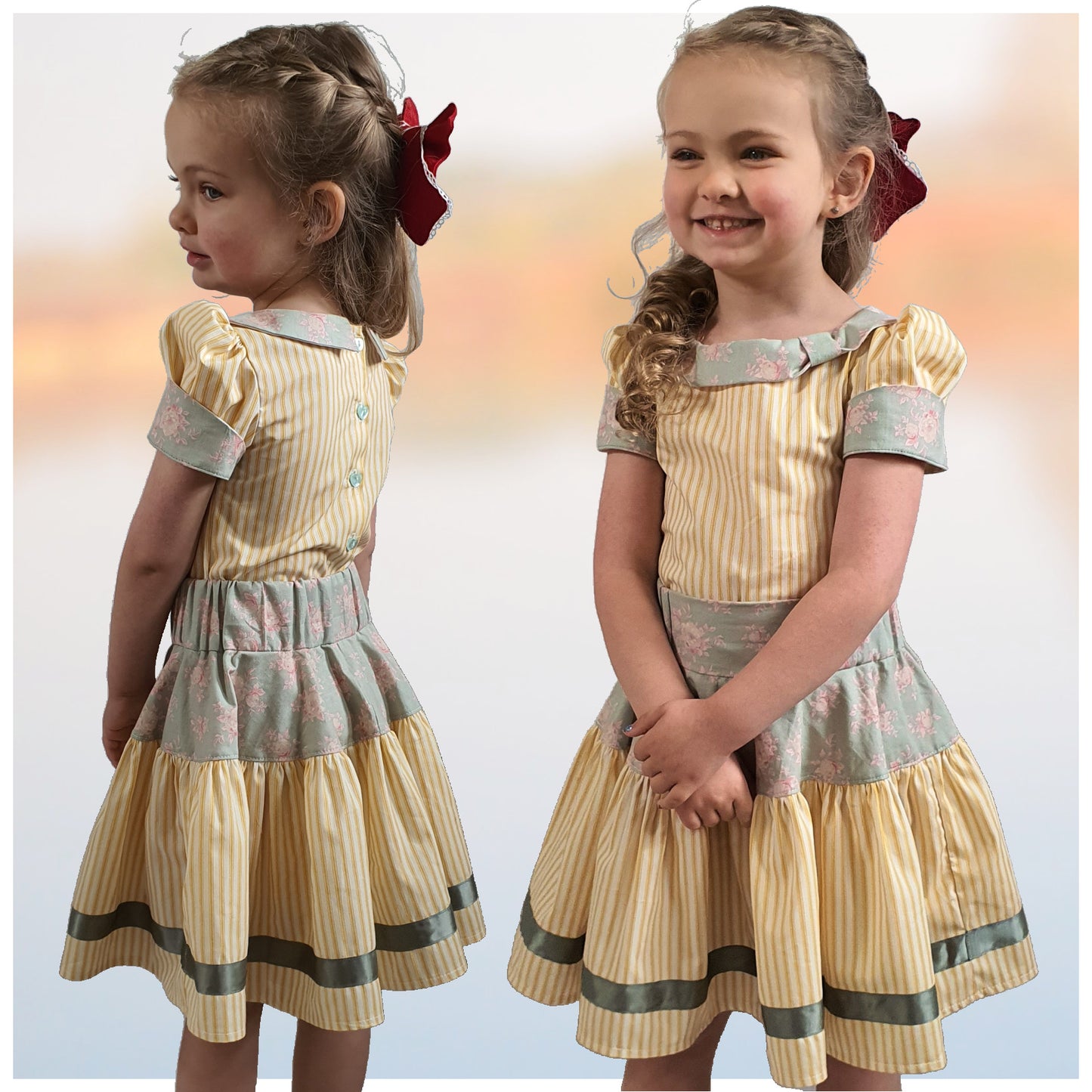 Bonnie twirl skirt with yoke and a gathered circle skirt. With gorgeous lace trim and generous back ties, pdf sewing pattern by frocks and frolics.