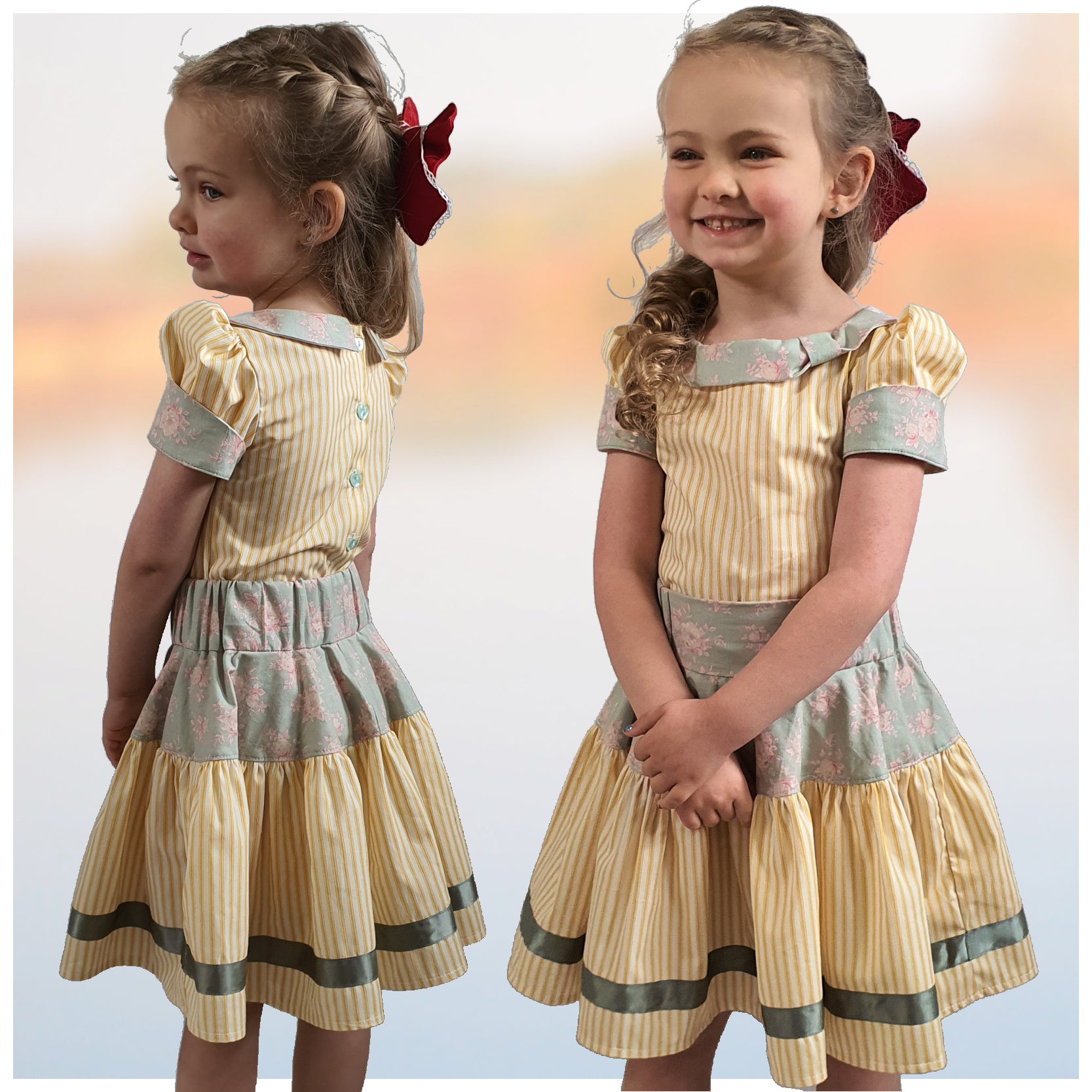 Bonnie twirl skirt with yoke and a gathered circle skirt. With gorgeous lace trim and generous back ties, pdf sewing pattern by frocks and frolics.