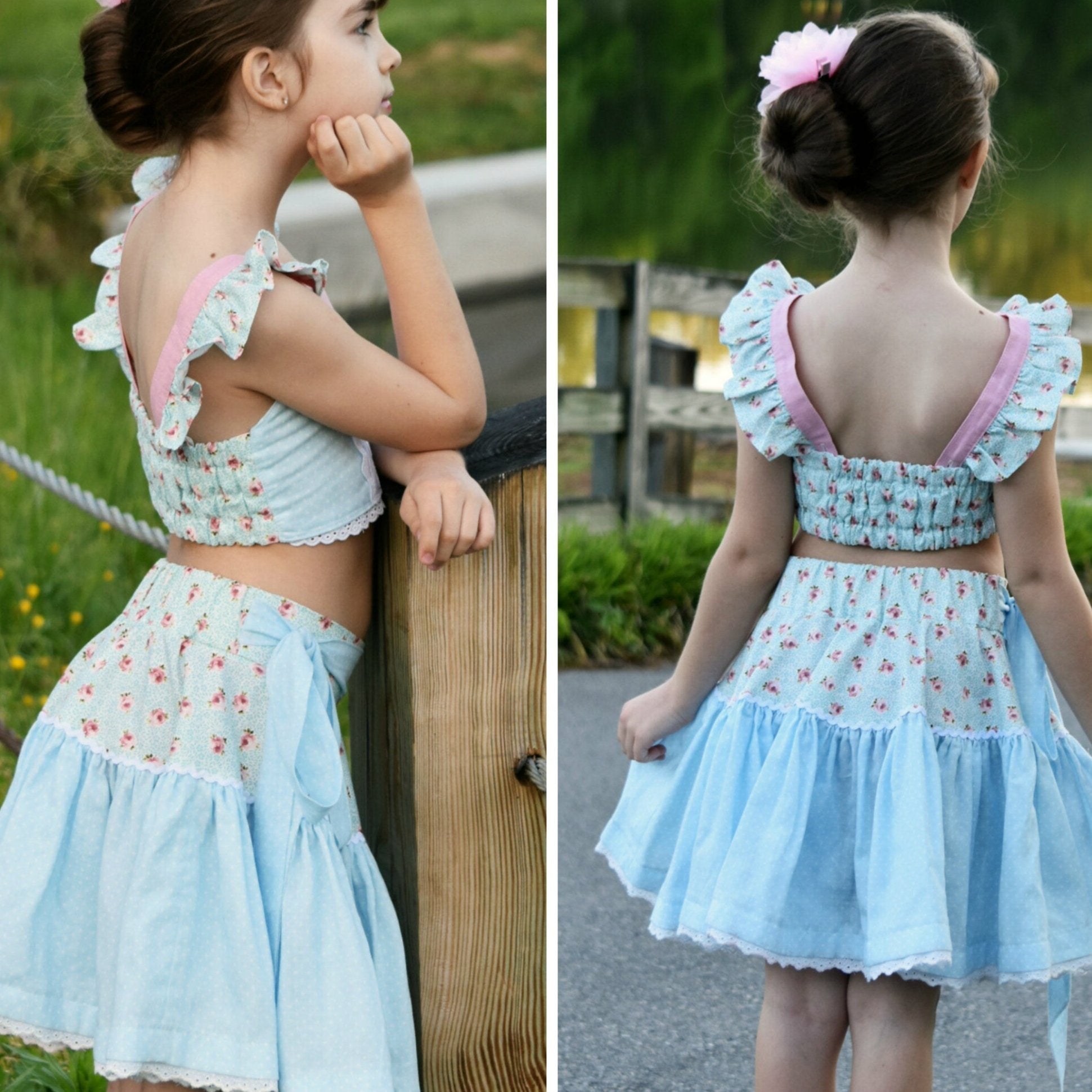 Bonnie twirl skirt with yoke and a gathered circle skirt. With gorgeous lace trim and generous back ties, pdf sewing pattern by frocks and frolics.