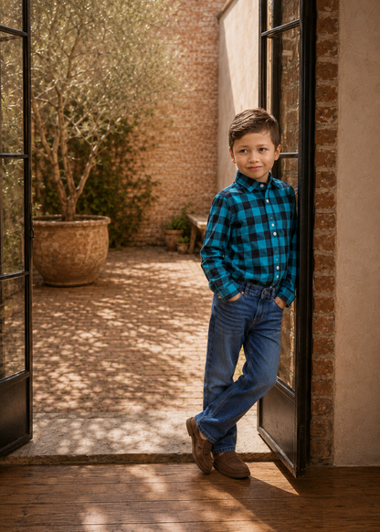Boy in a teal and navy plaid long-sleeve Cool Shirt and jeans leaning against a doorway