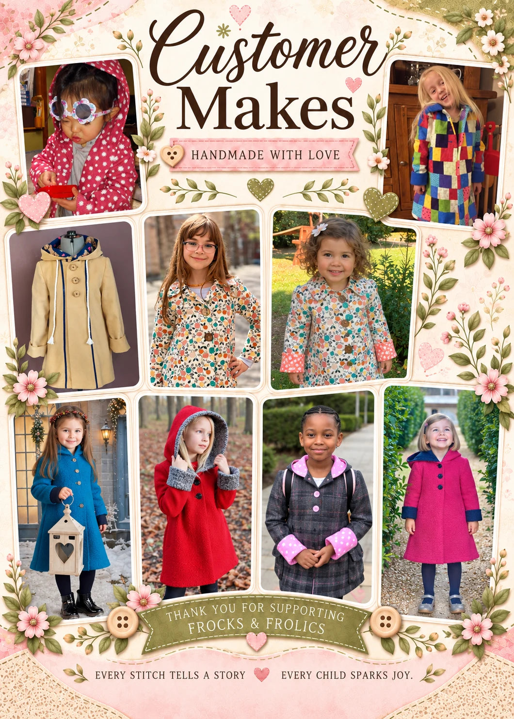 Dakota Pea Coat sewing pattern – customer makes collage of girls’ coats sewn from the pattern