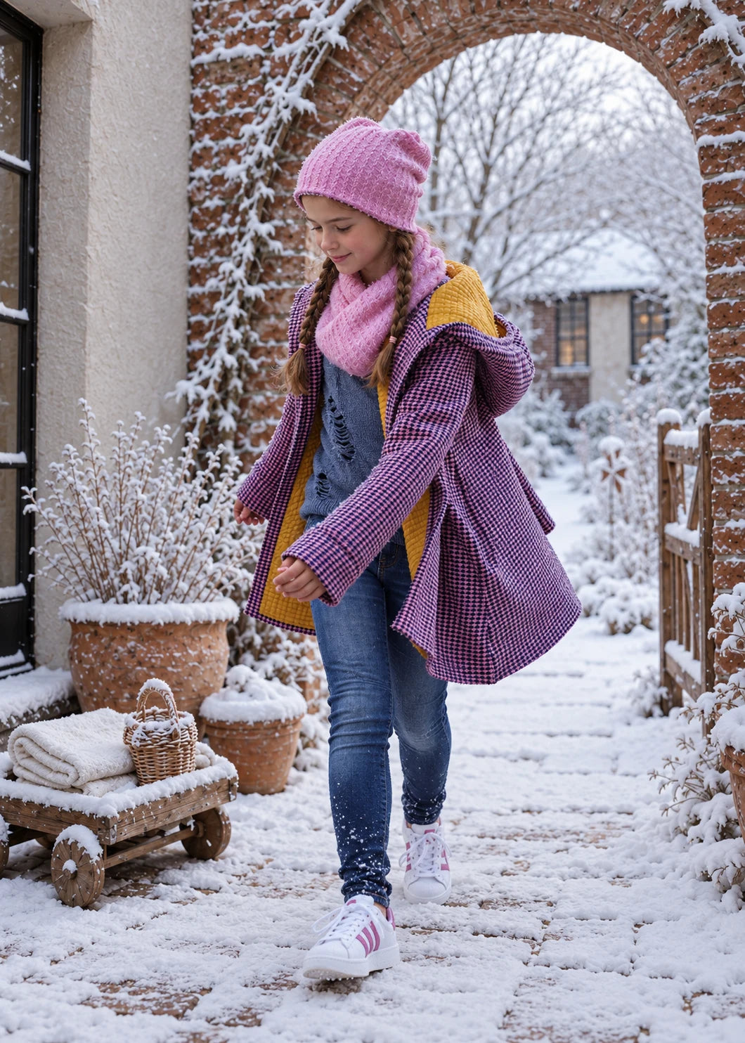 Dakota Pea Coat sewing pattern – girl twirling in purple check winter coat with mustard yellow hood lining