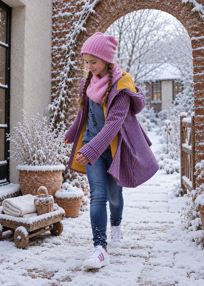 Dakota Pea Coat sewing pattern – girl twirling in purple check winter coat with mustard yellow hood lining