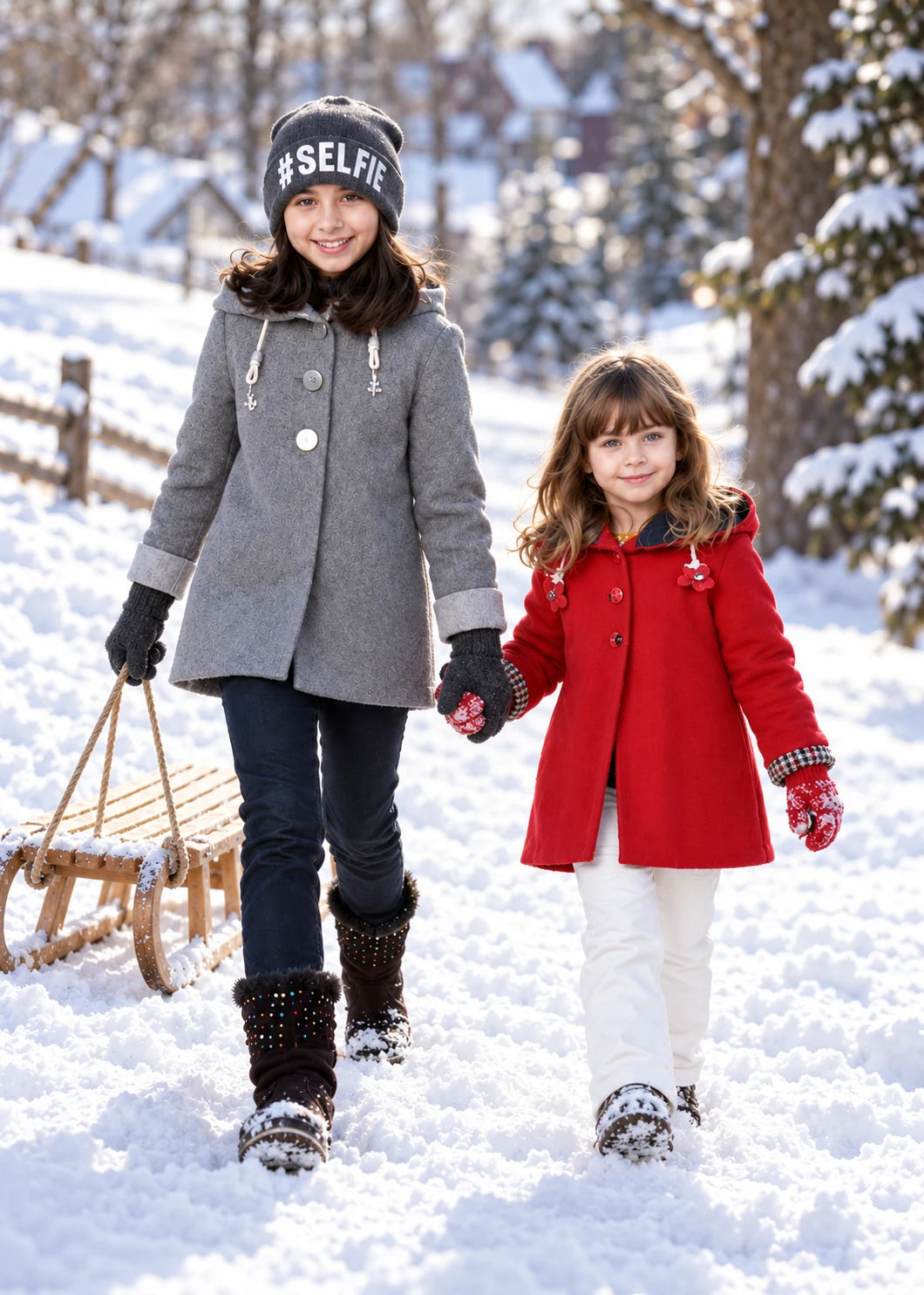 Dakota Pea Coat sewing pattern – sisters in grey hooded coat and red pea coat walking in the snow with a sled
