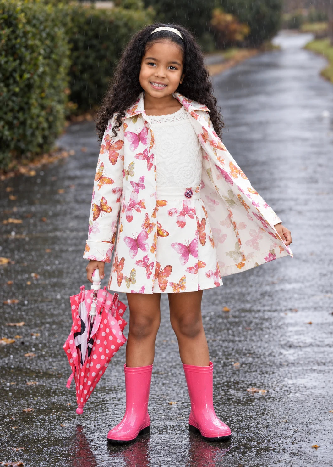 Dakota Pea Coat sewing pattern – butterfly print coat held open to show the lining, with pink wellies and umbrella