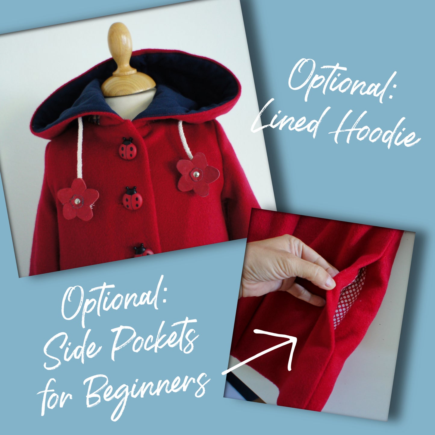 Dakota Pea Coat, pdf sewing pattern by Frocks and Frolics. Fully lined wool coat  with hoodie or collar. The sewing pattern comes with video tutorials.