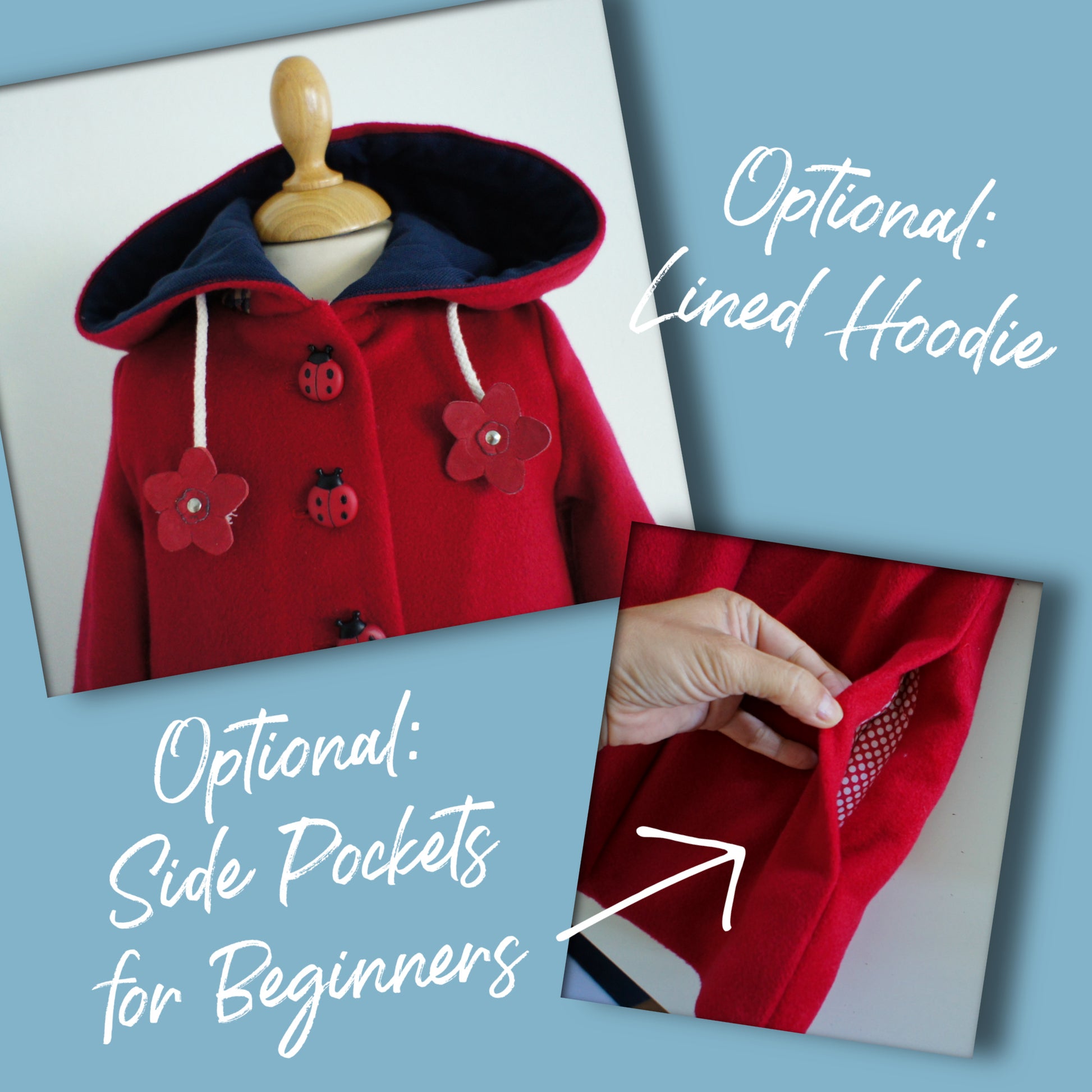 Dakota Pea Coat, pdf sewing pattern by Frocks and Frolics. Fully lined wool coat  with hoodie or collar. The sewing pattern comes with video tutorials.