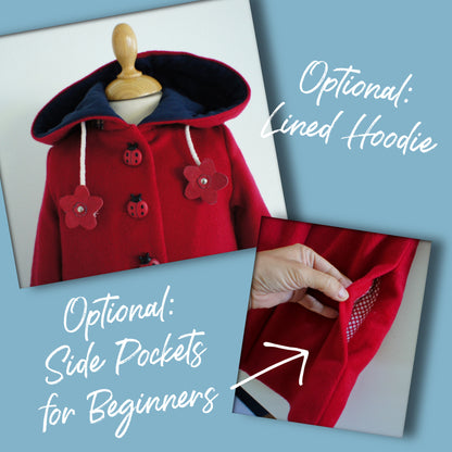 Dakota Pea Coat, pdf sewing pattern by Frocks and Frolics. Fully lined wool coat  with hoodie or collar. The sewing pattern comes with video tutorials.