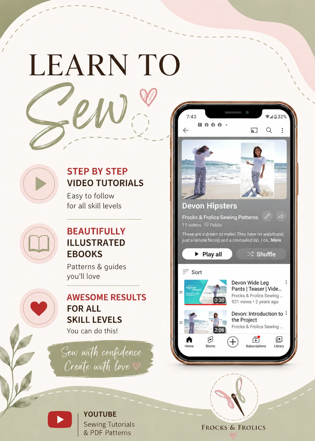 Devon Pants sewing pattern – learn to sew graphic with step-by-step YouTube video tutorials and illustrated eBook
