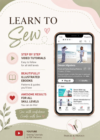 Devon Pants sewing pattern – learn to sew graphic with step-by-step YouTube video tutorials and illustrated eBook