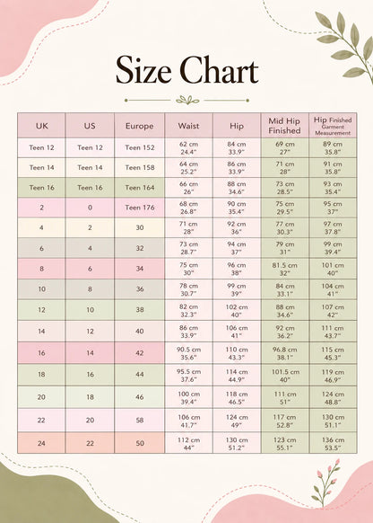 Devon Pants sewing pattern – size chart with UK, US and European sizes, waist and hip measurements