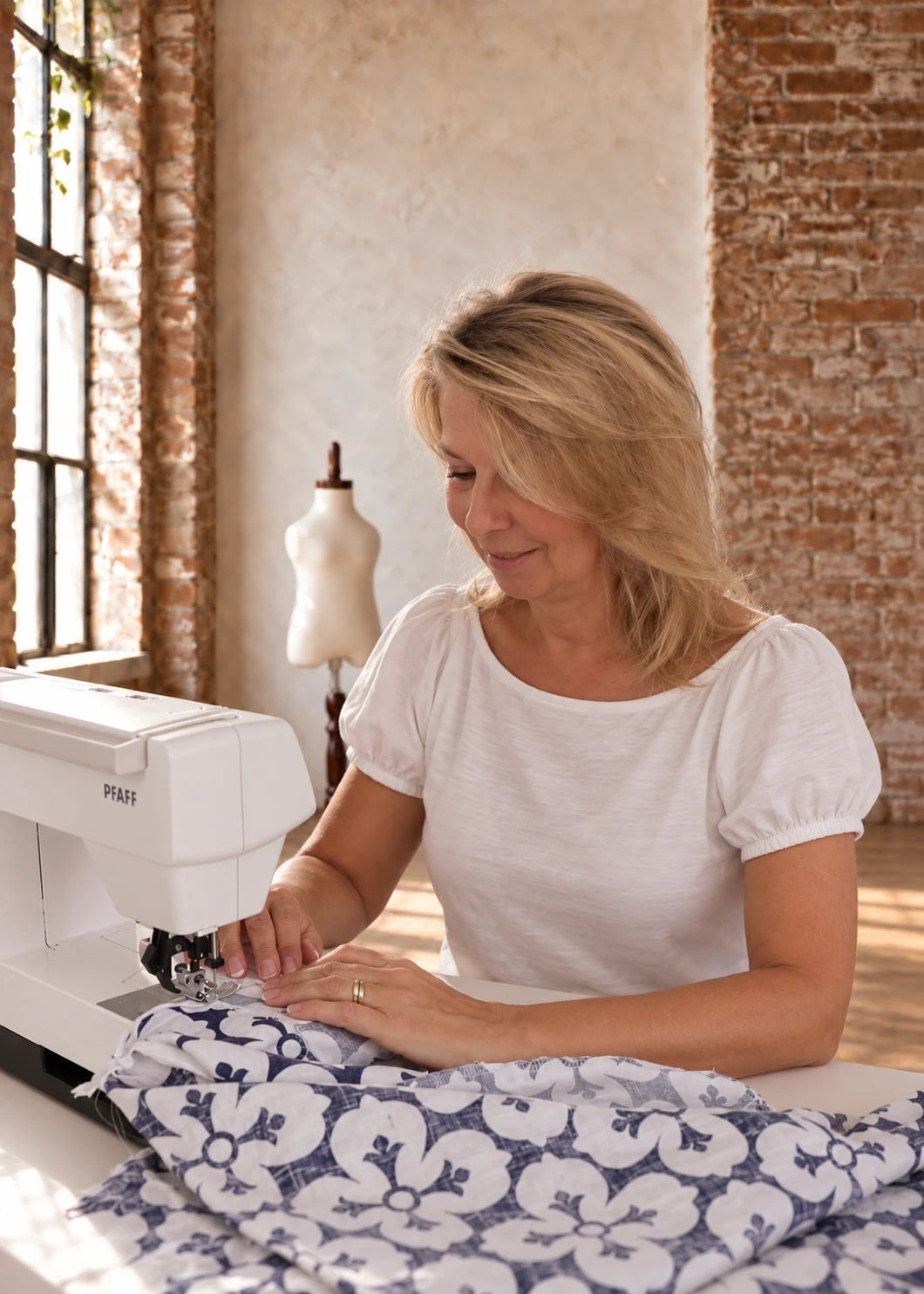 Devon Pants sewing pattern – pattern designer sewing a pair of printed pants at her sewing machine in the studio
