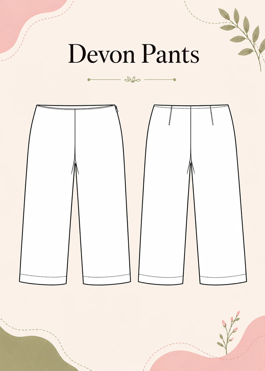Devon Pants sewing pattern – technical drawing of the hip-height straight-leg pants, front and back views