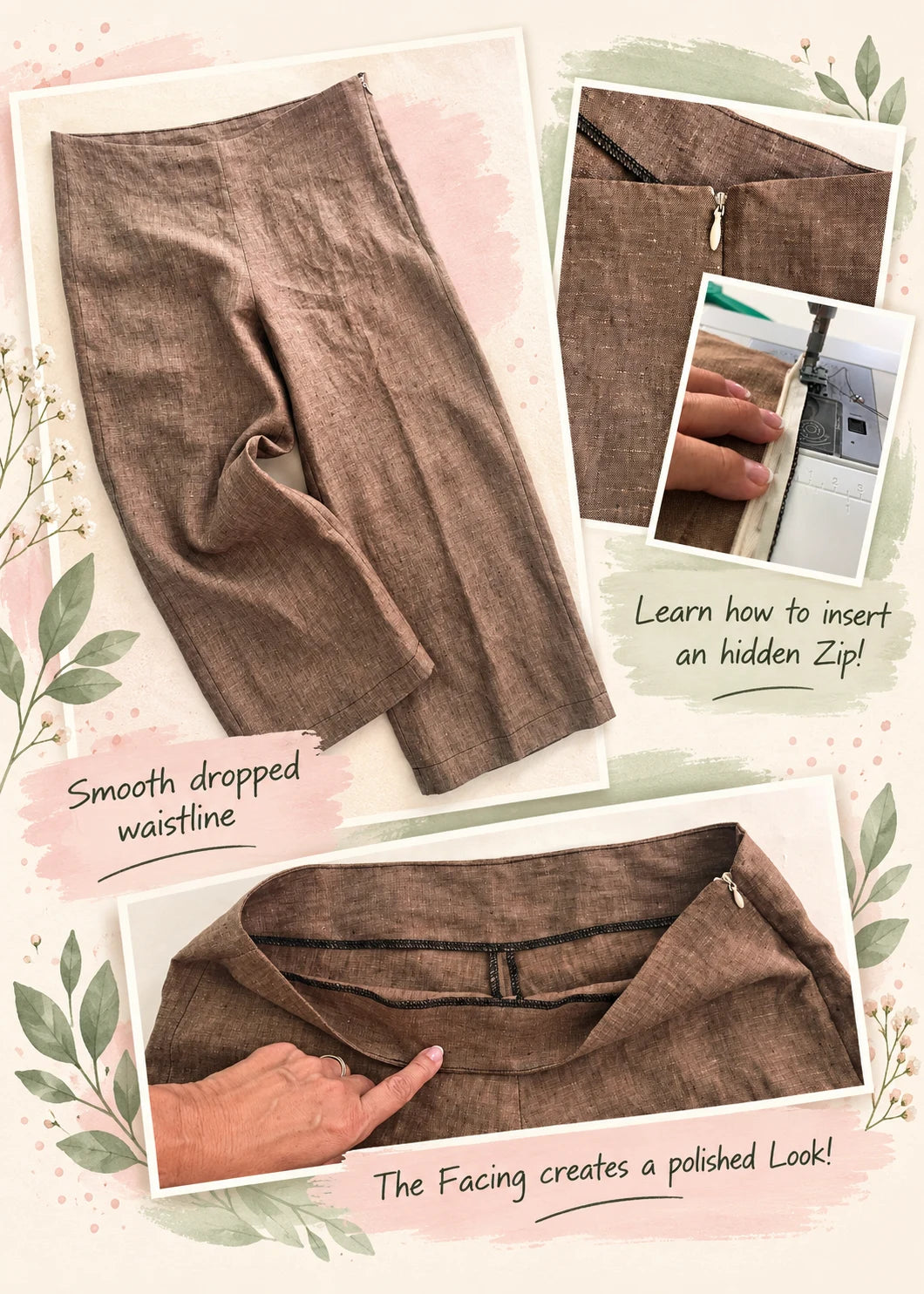 Devon Pants sewing pattern – collage of the dropped waistline, hidden zip and waist facing details in brown linen