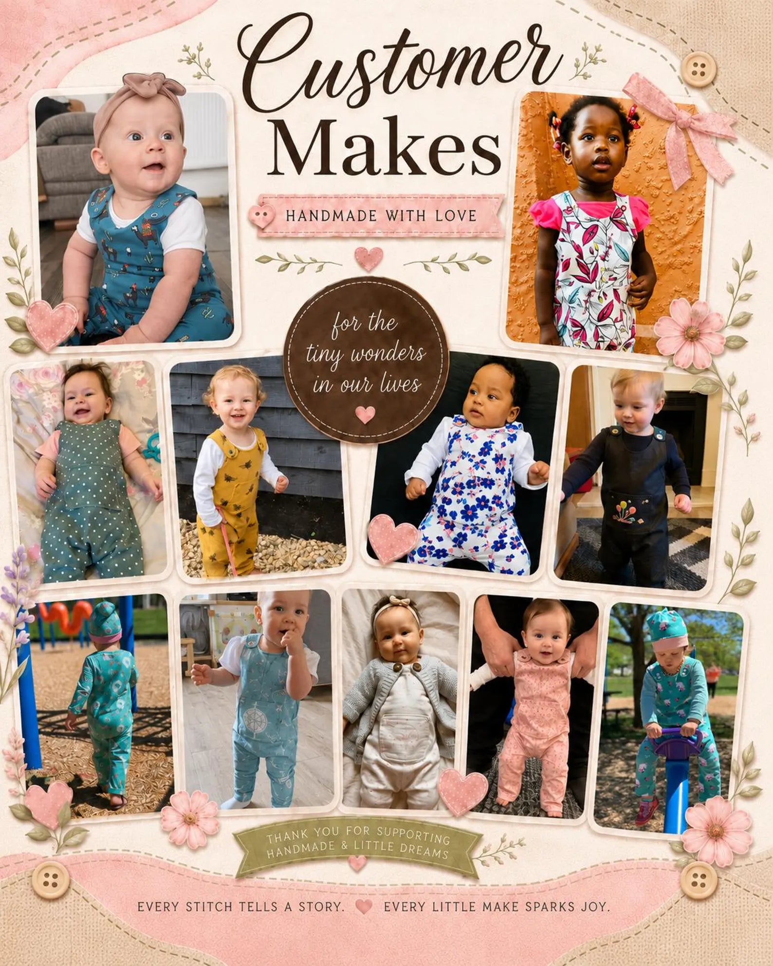 A collage-style cover design for a sewing or craft book titled "Customer Makes," featuring multiple photos of babies wearing handmade outfits. The layout includes decorative pink floral accents, buttons, and a central badge reading "for the tiny wonders in our lives.