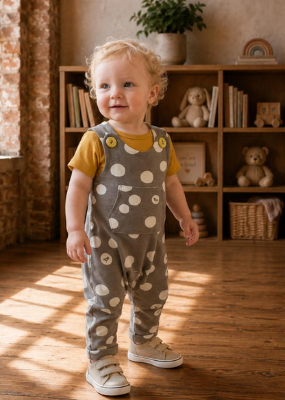A toddler standing in a sunlit room wearing a gray one-piece jumpsuit with large white polka dots over a mustard yellow short-sleeve shirt, paired with beige sneakers.