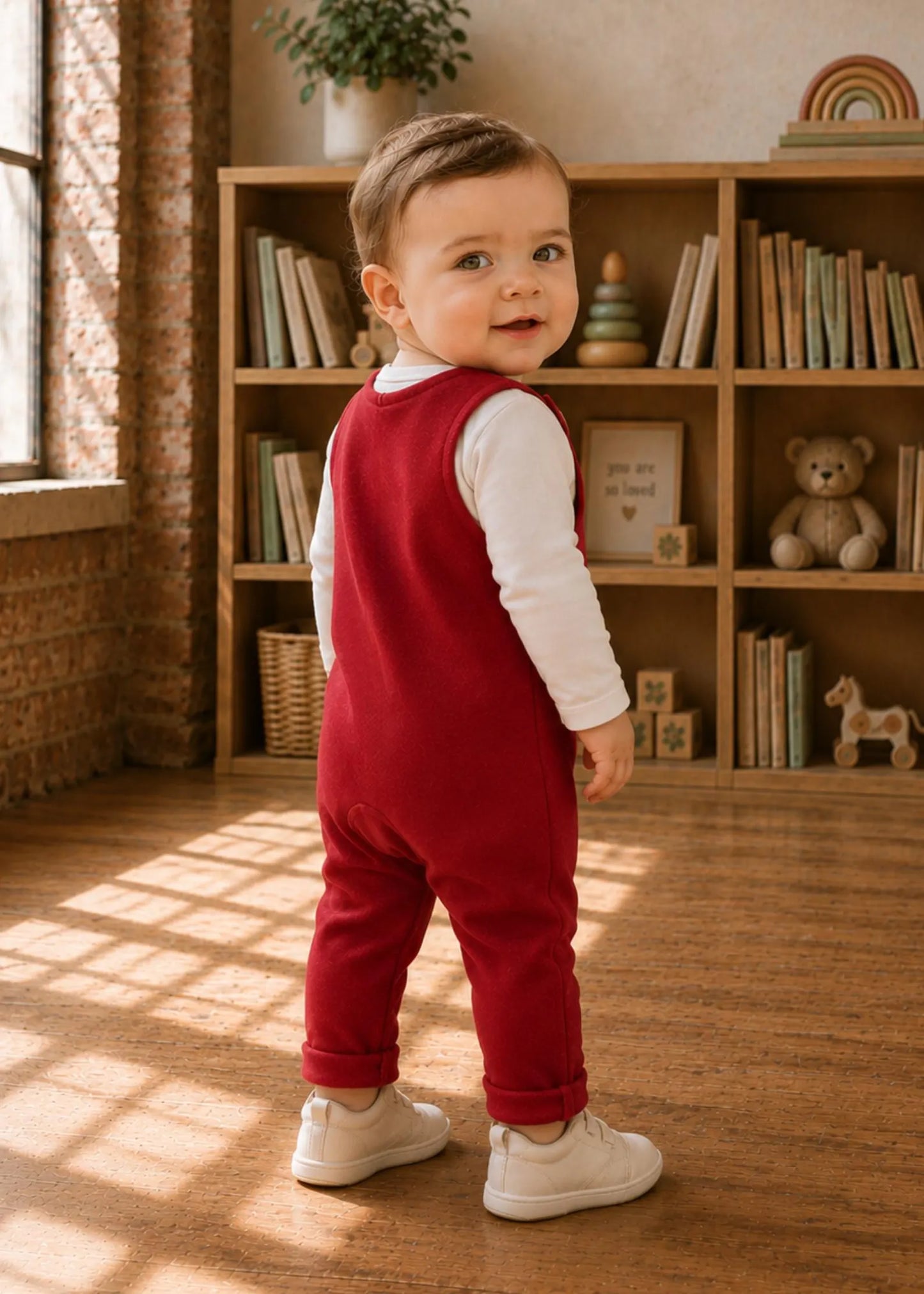 A toddler standing in a sunlit room, wearing a red sleeveless overall-style romper over a white long-sleeve shirt with white sneakers. Bookshelves and a window are visible in the background.