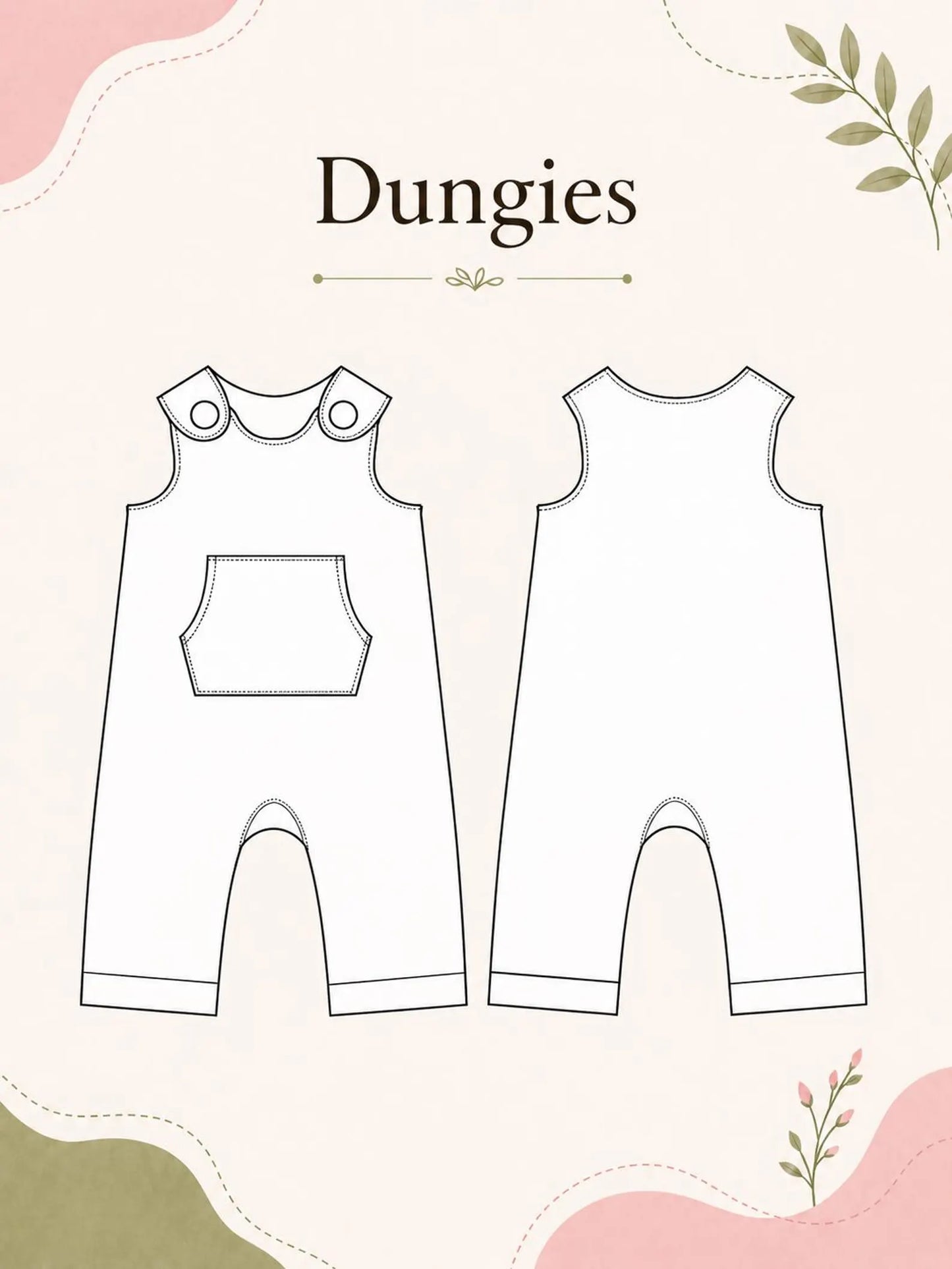 A flat line-art preview of a baby dungies garment pattern, showing front and back outlines on a soft cream background with decorative pink and green accents. The word 'Dungies' appears at the top.